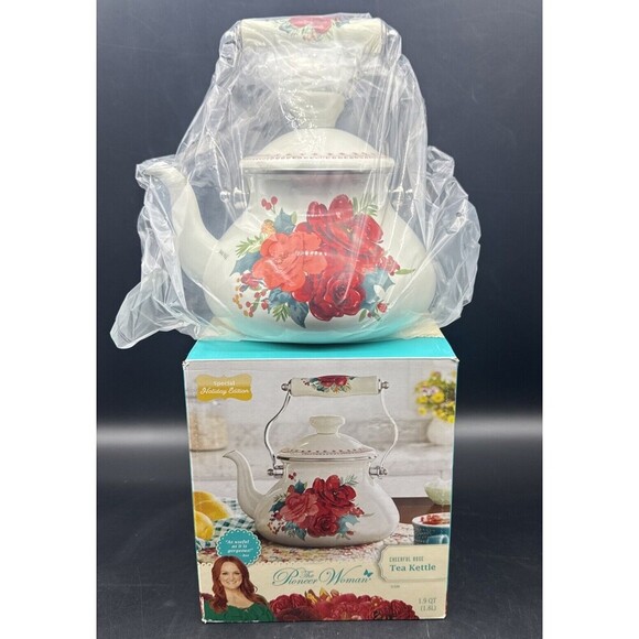 The Pioneer Woman Holiday Edition CHEERFUL ROSE 1.9 Quart Enamel Tea Kettle NEW - Picture 1 of 6